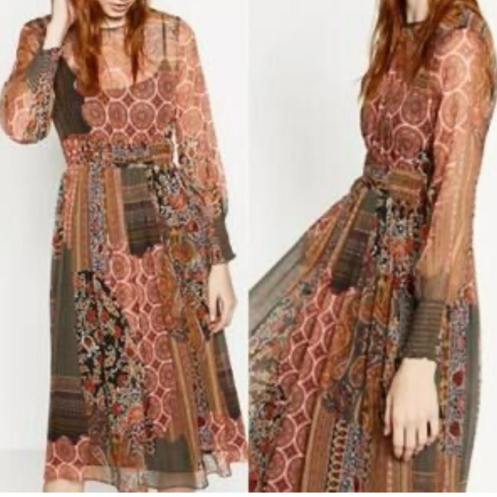 Zara Midi Dress Long Sleeves Paisley Patchwork Design Lined SZ S  EUC